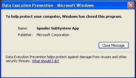 spooler subsystem app data execution prevention error