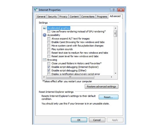 Click Reset in order to uninstall iWin Games from Internet Explorer