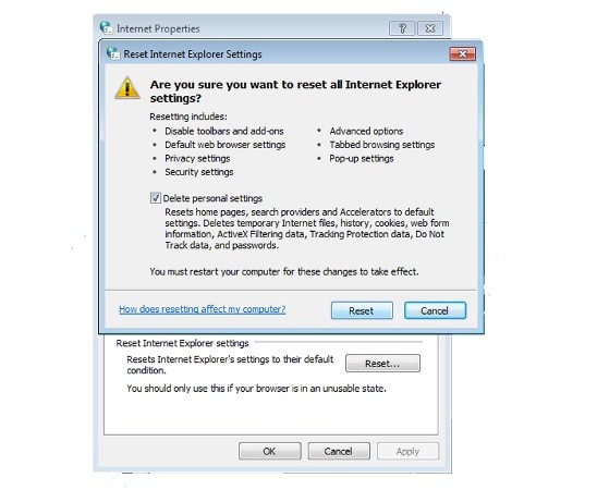 Delete Personal Settings for Express Files removal in Internet Explorer