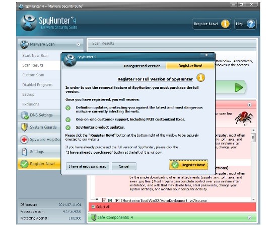 Register SpyHunter in order to finish PC Data App removal