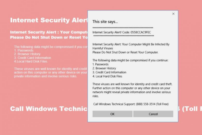“Internet Security Alert! Code: 055BCCAC9FEC” pop-up hijacker