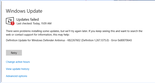 fix Windows 10 upgrade error 0x80070643